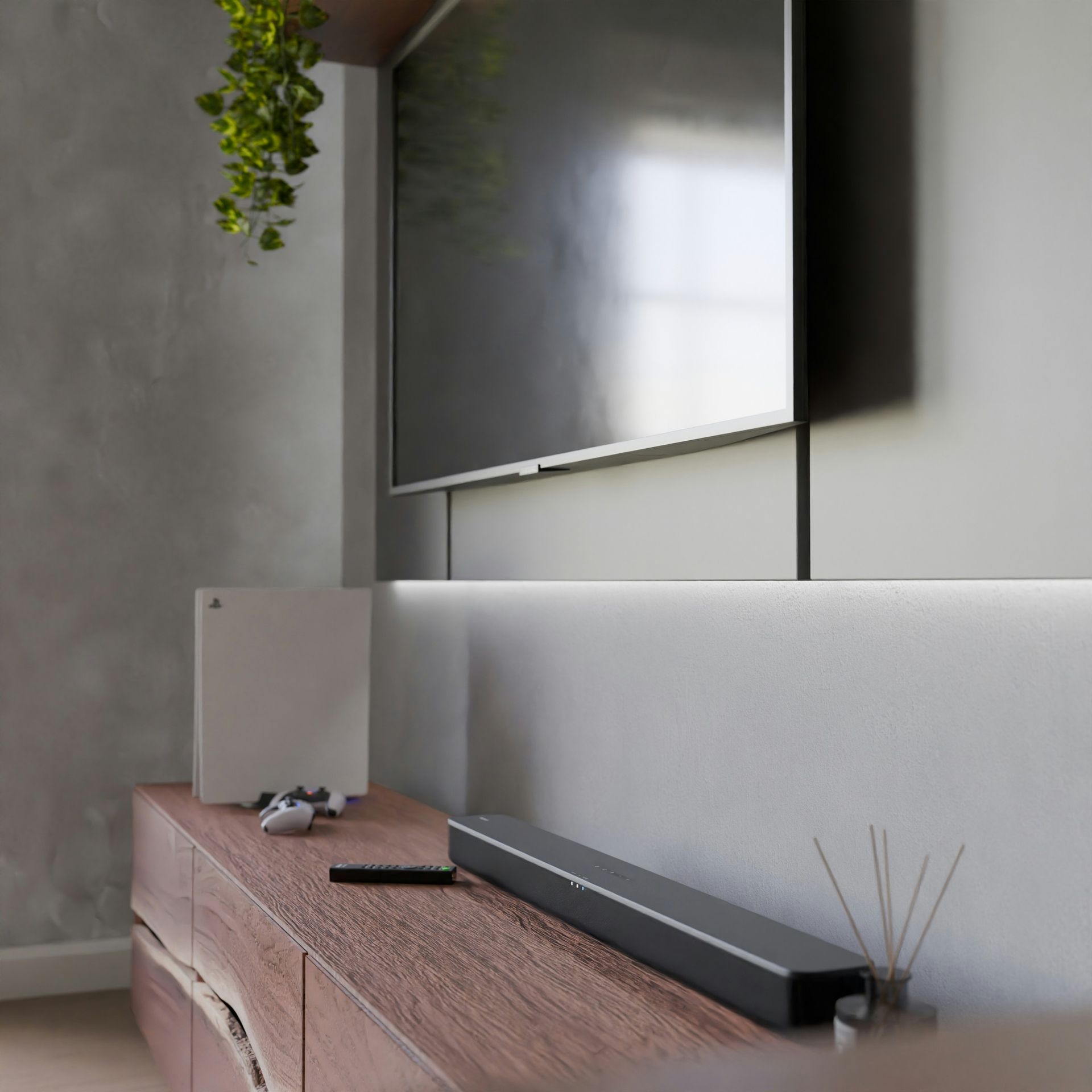 A modern living room with a flat screen TV